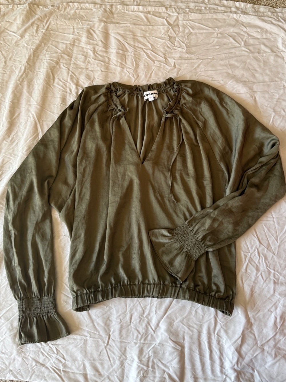 DKNY Olive Green V-Neck Long-Sleeve Blouse